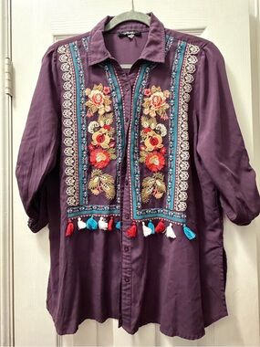 Embroidered Boho Tunic Shirt in Deep Plum with Floral Panels
